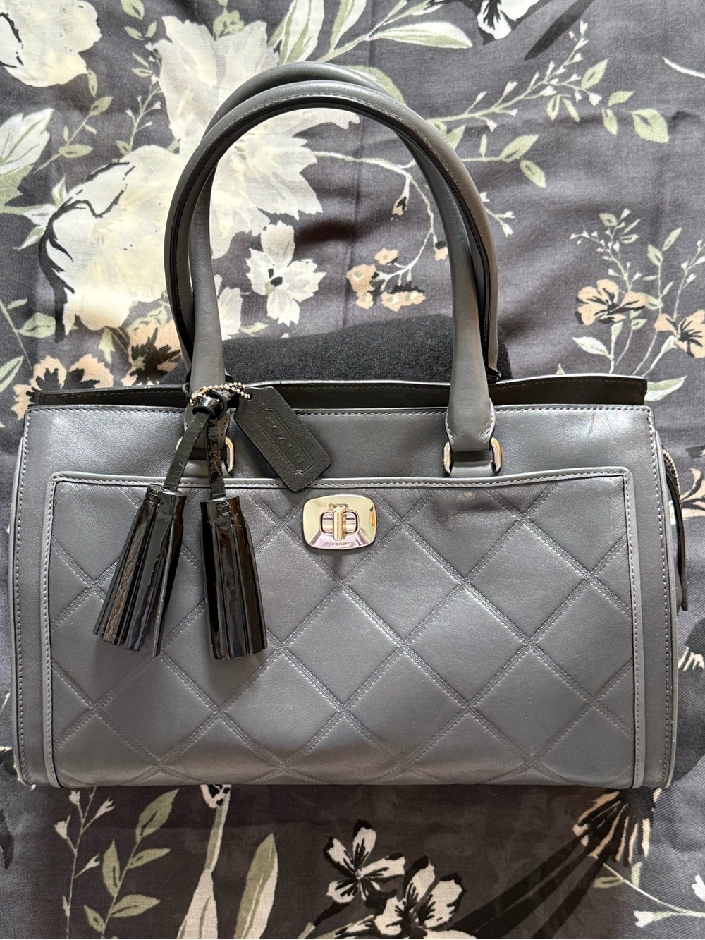 Coach Quilted Leather Satchel in Gray and Black